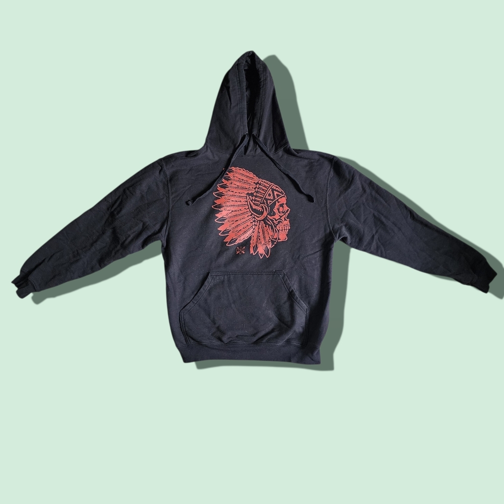 Black Hoodie with Red Native Headdress Skull Graphic
